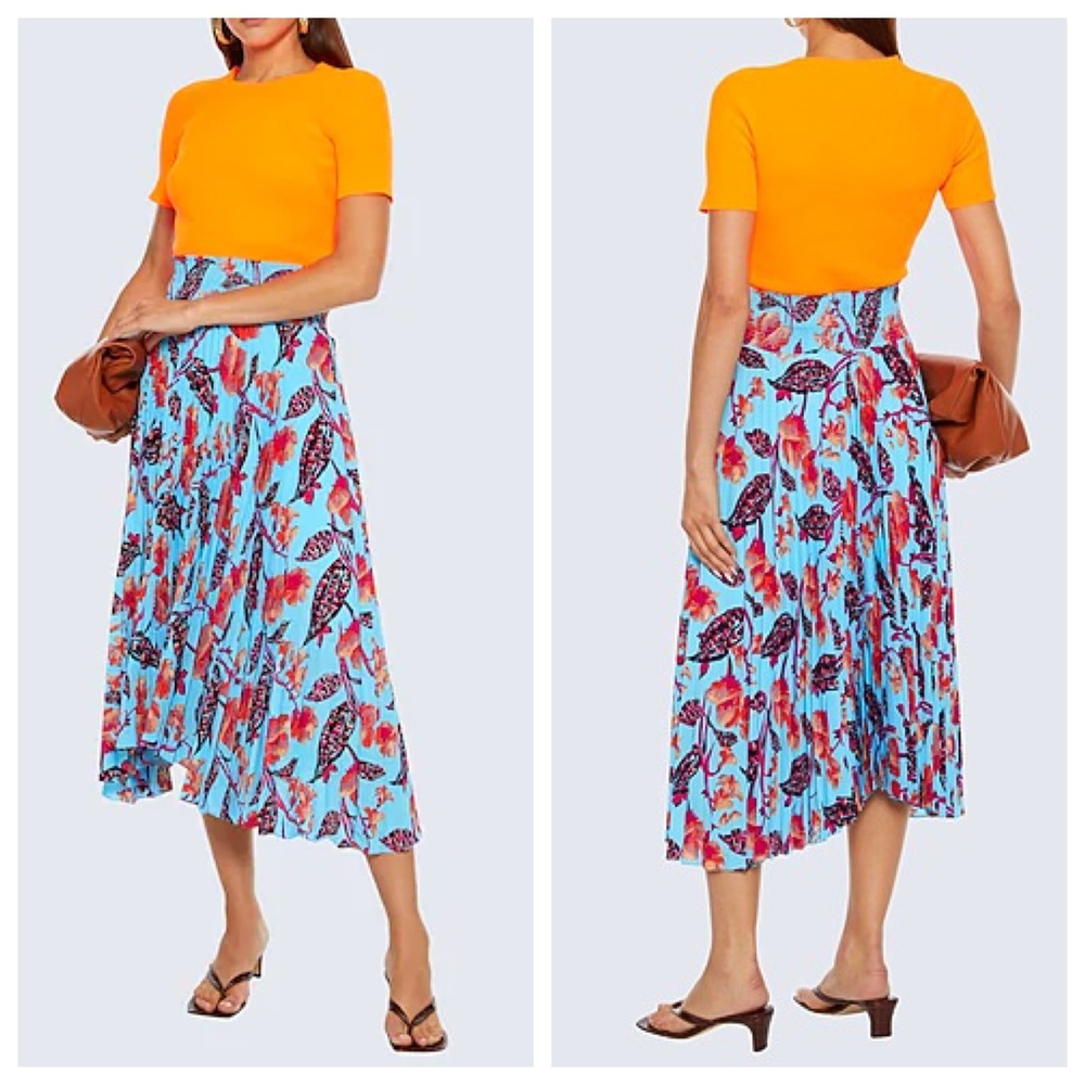 A.L.C. Floral Blue Pleated Midi Skirt with Orange Accents